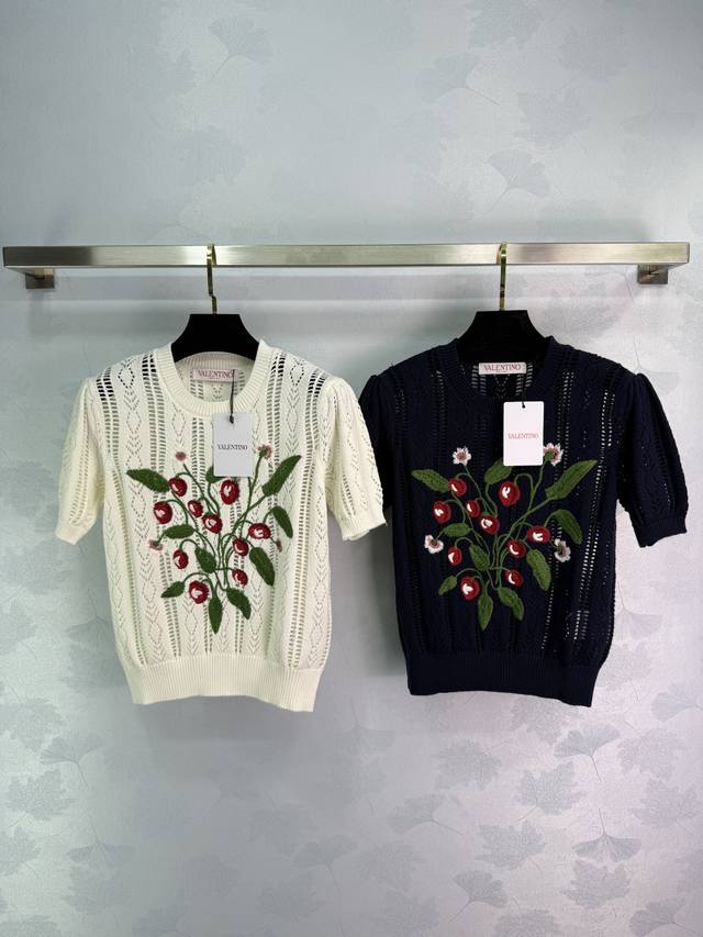 Warren* Cherry Embroidery Hollow Knitted Short Sleeves Exclusive Product Light S