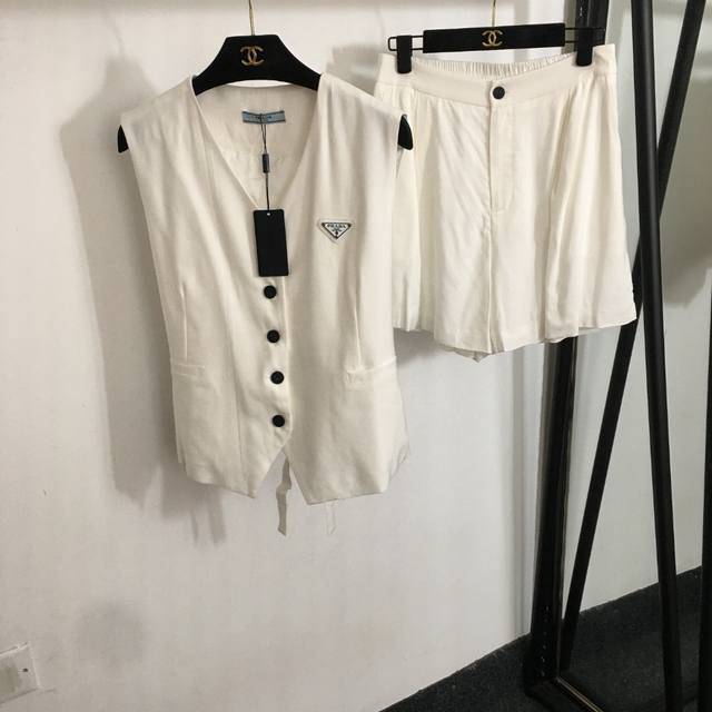 Style No. 20253202 Prad* New Linen Suit Metal Triangle V-Neck Suit Vest Jacket +