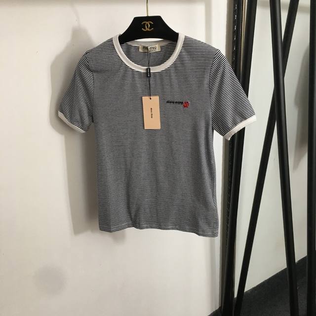 Style No. 20253194 Miumi* New Red Logo Embroidered Striped Short Sleeve T-Shirt