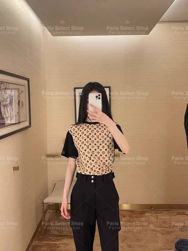 louis Vuitt*N 25Ss Spring And Summer New Jacquard Stitching Round Neck Short-
