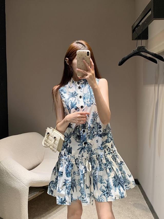 dio* 25Ss New Spring And Summer Plant Print Stand Collar Short-Sleeved Dress