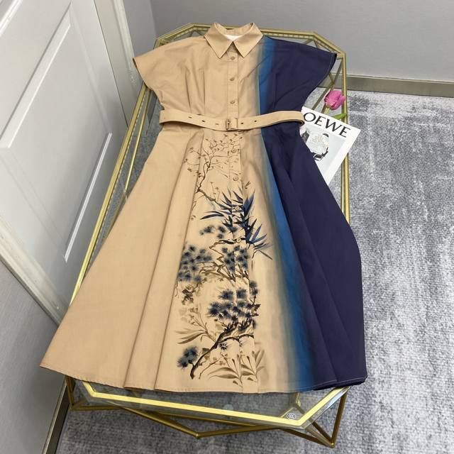 di*25Ss Digital Positioning Printing Lapel Belted Large Swing Dress With Belt