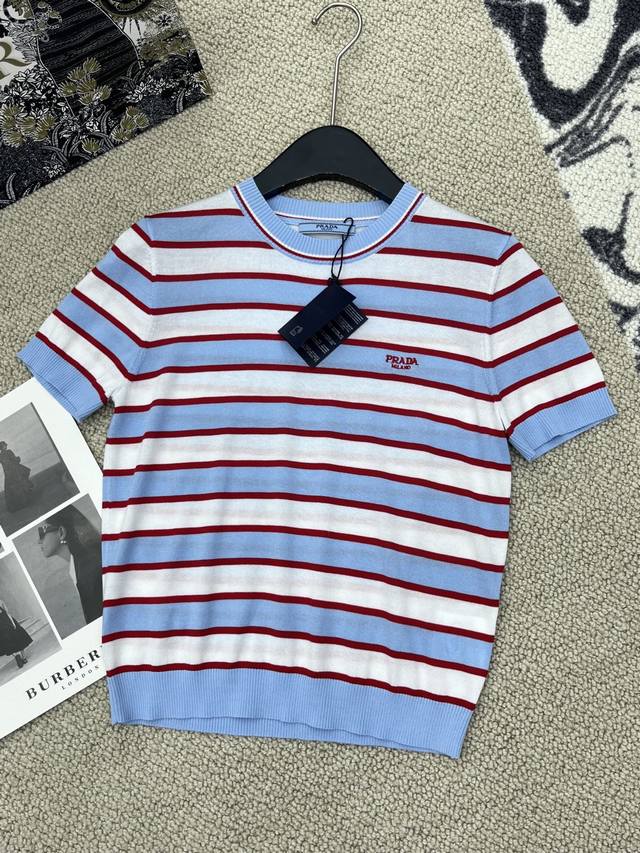 Hot Item In Stock Original Quality Prad* 25 New Short-Sleeved Striped Sweater Ex