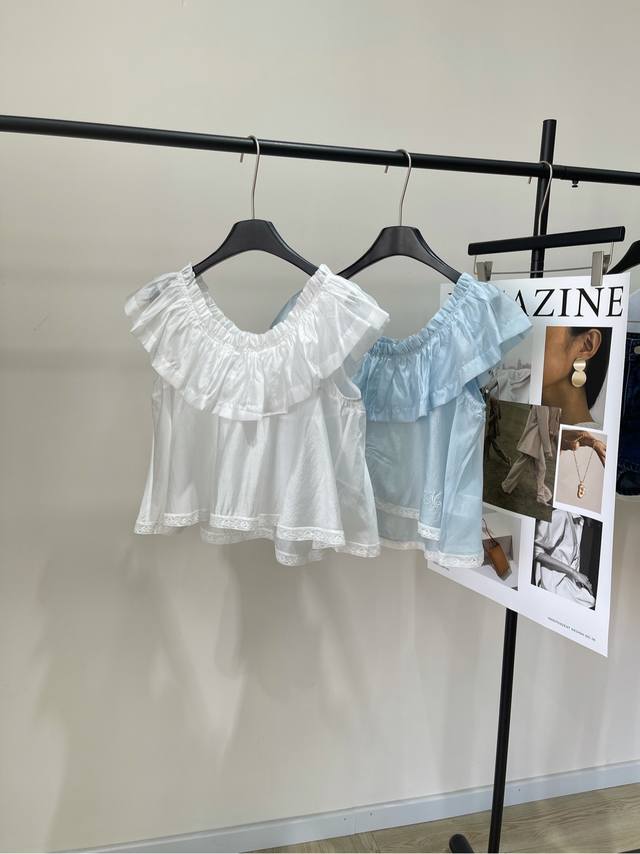 mar Pleated Lace One-Shoulder Shirt Fabric Tencel + Polyester Fiber Color Whi