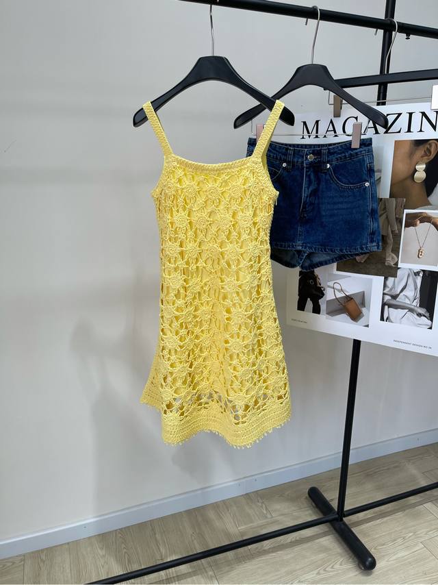maje French Yellow Crochet Suspender Dress Fabric: Fine Cotton Color: Yellow