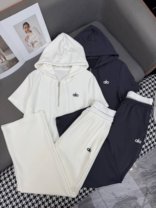 alo 25Ss New Hooded Top Wide-Leg Pants Suit Letter Embroidery Decoration Vers