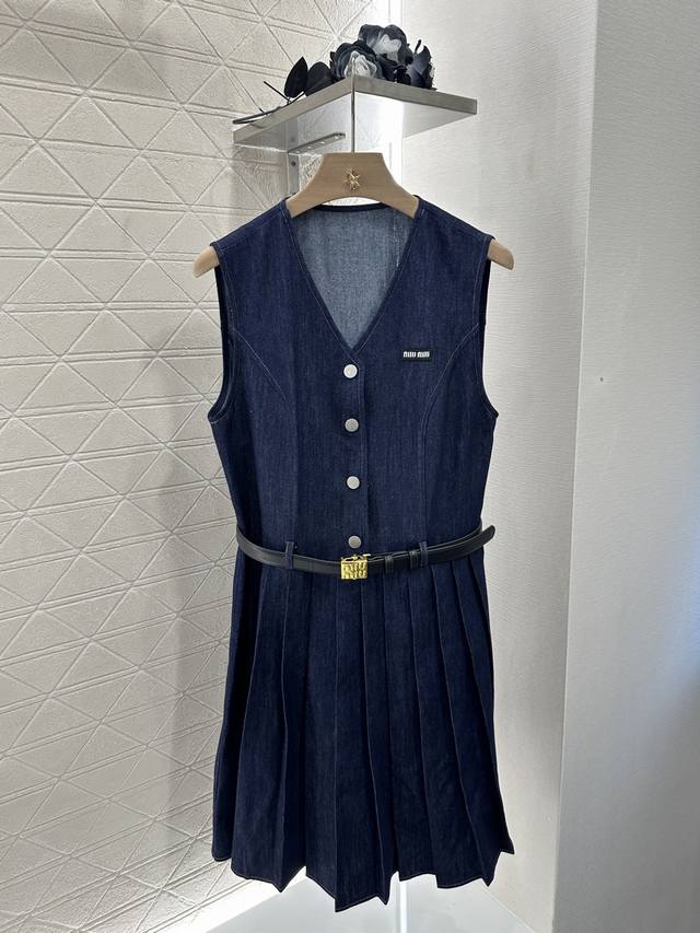 miumi*2025 New Arrivals Sleeveless Belted Denim Dress Customized Yb Tencel De