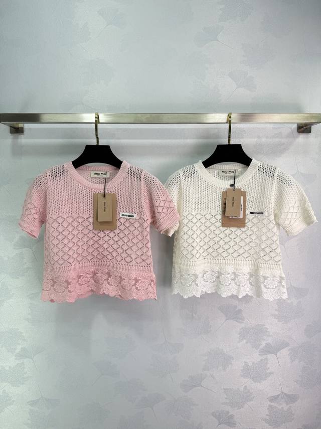 miumi*This Hollow Knitted Short-Sleeved Shirt Has A Delicate Texture, Is Soft