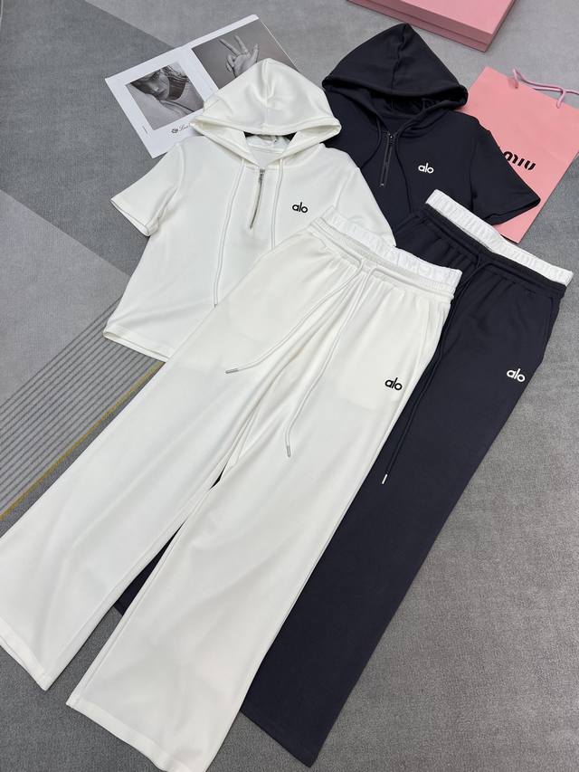 High Quality Alo*2025 New Summer Suit Hooded Short-Sleeved Top Straight Trousers