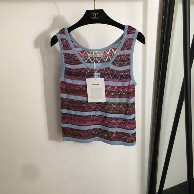 Style No. 20253189 Chane* New Flocked Logo Colorblock Striped Hollow Knitted Ves