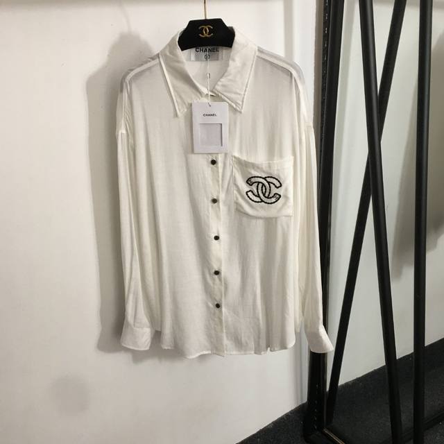 Style No. 20253166 Chane* New Chanel Logo Embroidered Pocket Long Sleeve Linen S