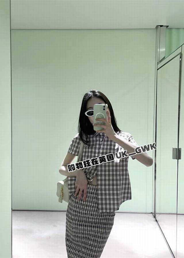 prad* 25Ss Spring And Summer New Retro Plaid Contrast Color Short-Sleeved Shi