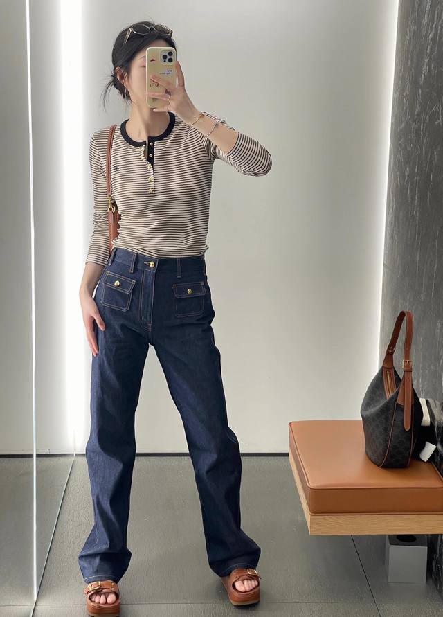 celin* 25Ss New Spring And Summer Denim High Waist Pocket Straight Jeans Exc