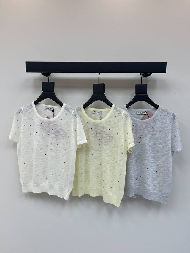 miumi*25 New Heavy-Duty Full-Diamond Knitted Short-Sleeved White Rich Beauty