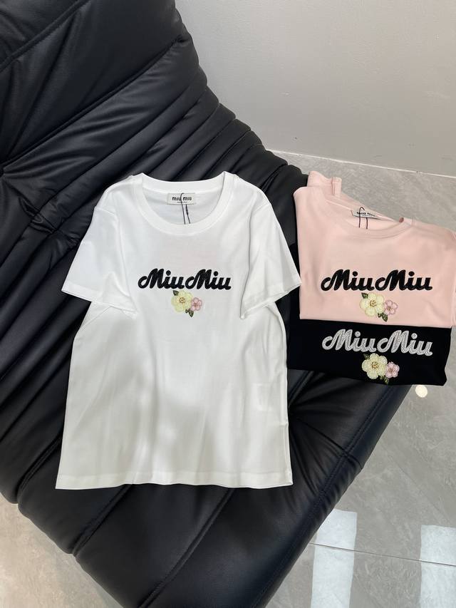 miumi*25 Spring And Summer New Style Heavy Flower Beaded Short-Sleeved T-Shir