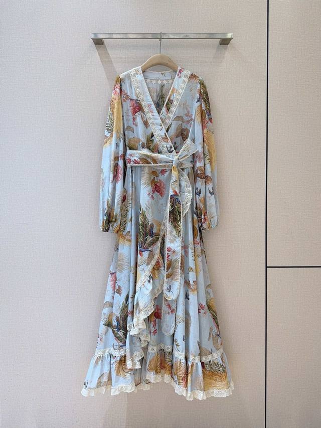 z*I*M*M Ruffled Long-Sleeved Mid-Length Dress Light Blue Palm Tree Floral Pat
