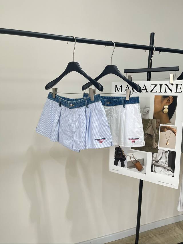 King Denim Stitching Low Waist Casual Shorts Fabric: Cotton Color: White With Bl