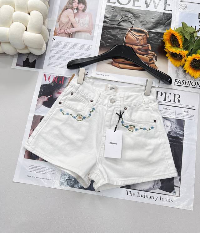 celine 2025 Summer New Arc De Triomphe Pocket Lace Embroidery Logo White Deni