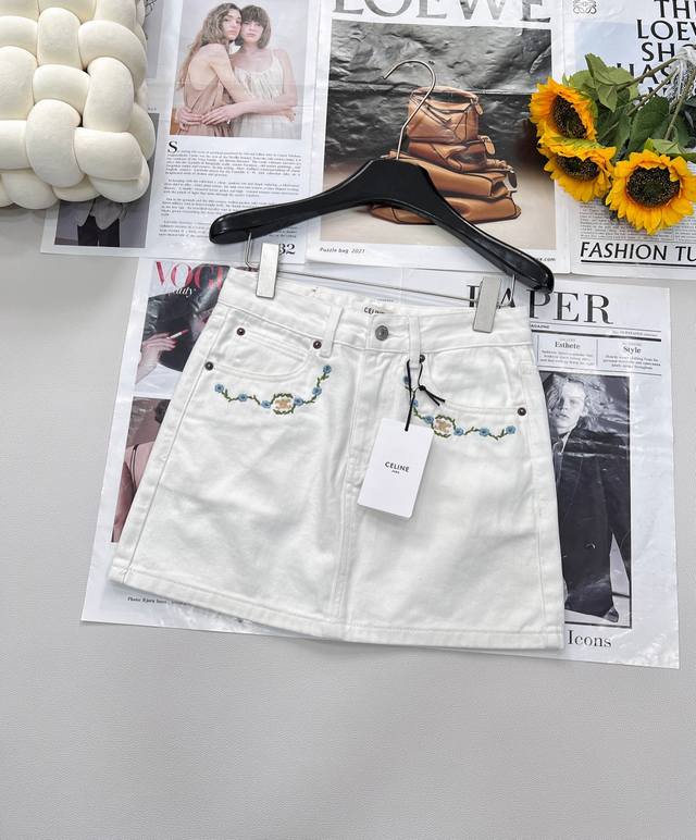 2025 Summer New Celine Show Style Women's White Pocket Lace Embroidery Denim