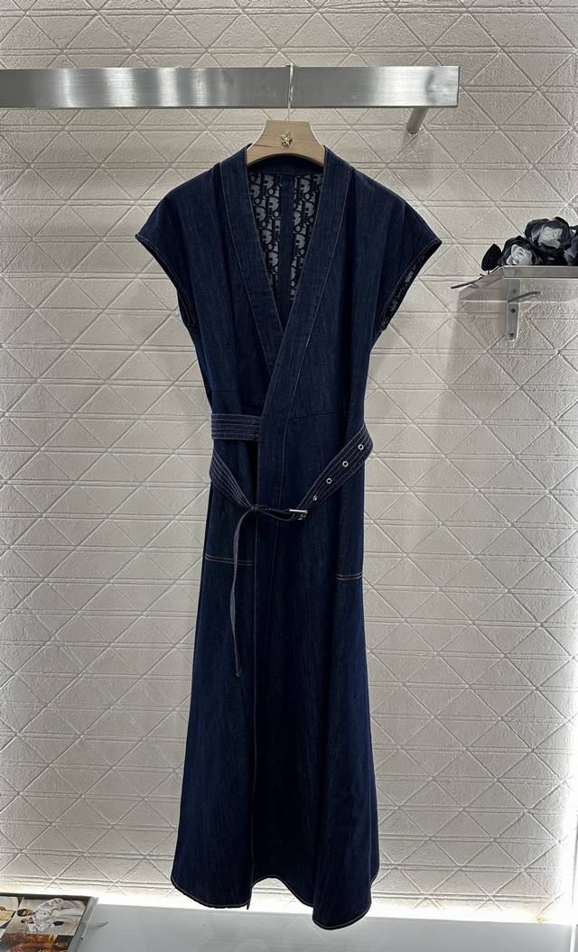 dio*2025 New Arrivals Belt Cross-Neck Denim Dress Customized Yb Twill Cotton