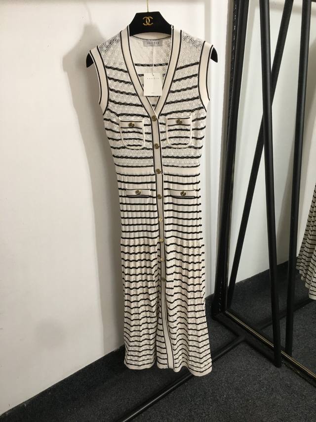 Style No. 20253147 Sandr* New French Elegant Button Hollow Striped V-Neck Knitte