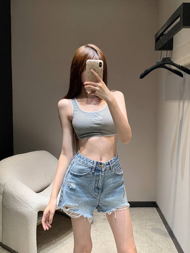 miumi* 25Ss New Spring And Summer Letter Micro-Logo Lace VestExclusive High-E