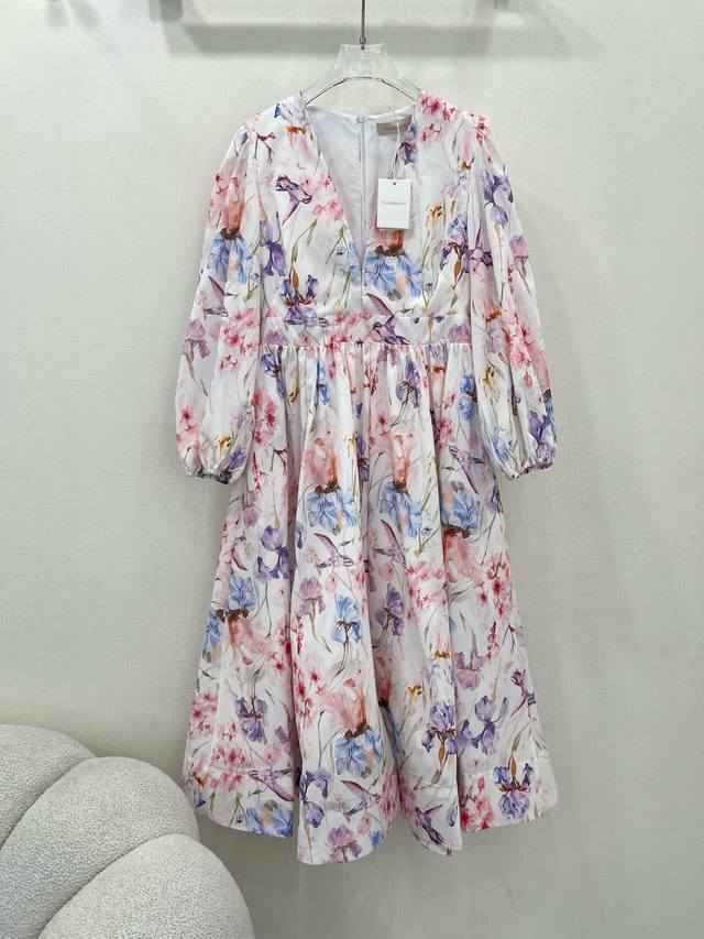 zimmerman*Zimmerman 25 New Floral Flower Print Dress V-Neck Lantern Sleeve De