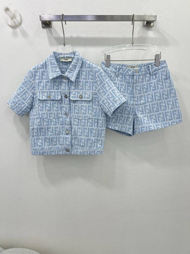 fend* 25 New Denim Jacquard Suit, Short-Sleeved Jacket And Shorts Combination
