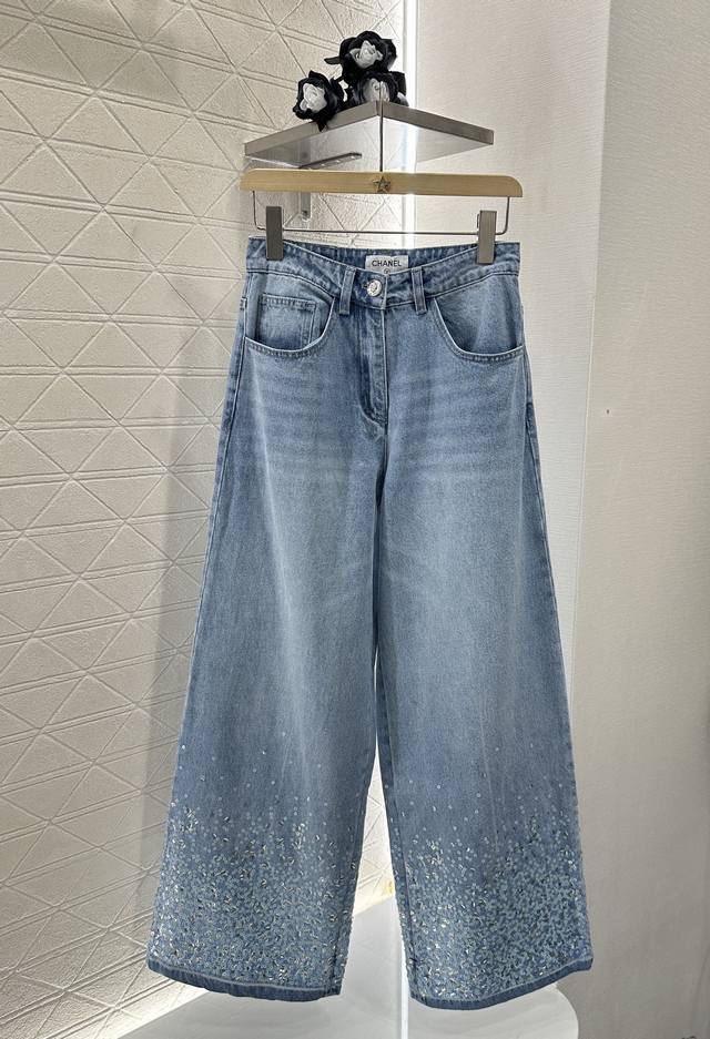 chane*2025 New Arrivals Heavy Sequin Wide-Leg Jeans Customized Yb Twill Cotto