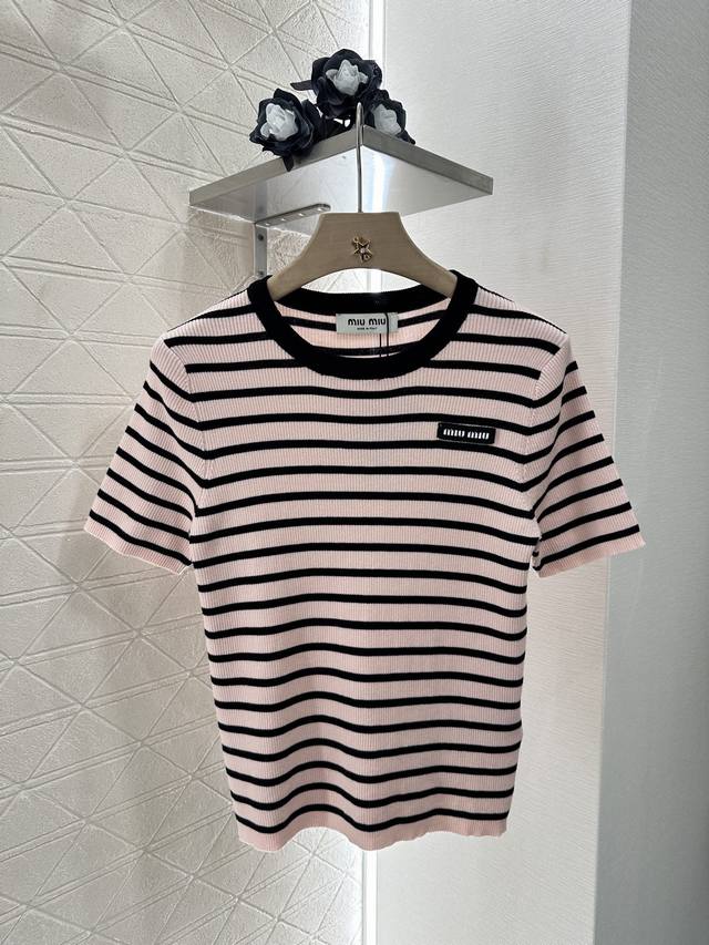 miumi*2025 New Arrivals Striped Knitted Short Sleeves Customized Yb Tencel Ya