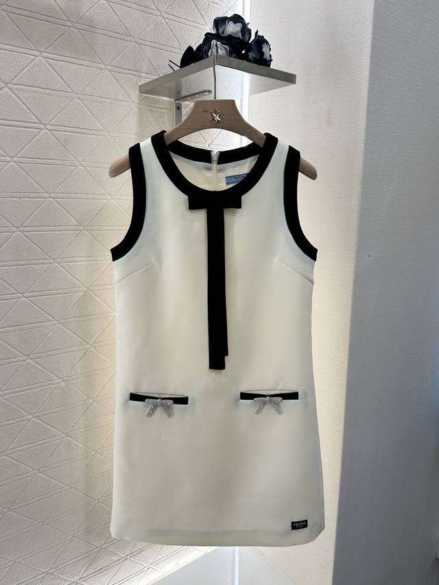 prad*2025 New Arrivals Bow Contrast Vest Dress Customized Yb Imported Acetate