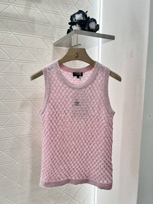 chane*2025 New Arrivals Hollow Knitted Vest With Fine Glitter Beads Customize