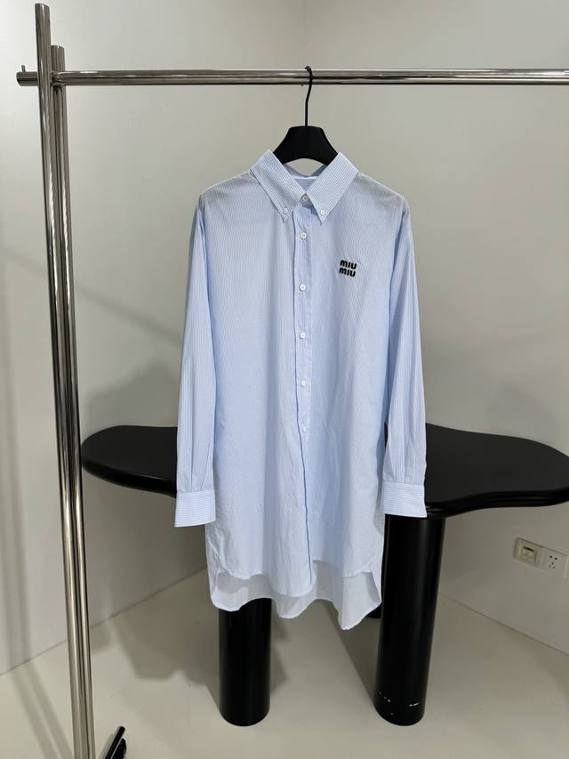 25New Arrivalboyfriend Style Long Shirt Yarn-Dyed Striped Fabric Embroidered
