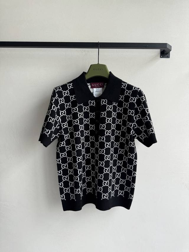 gucc*New Classic Monogram Jacquard Logo Lapel Polo Style.