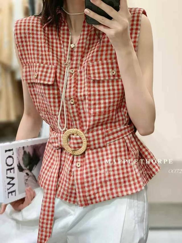 Hot Sale High Quality Yarn-Dyed Linen Belted Top Shipped High-End Women's Summer