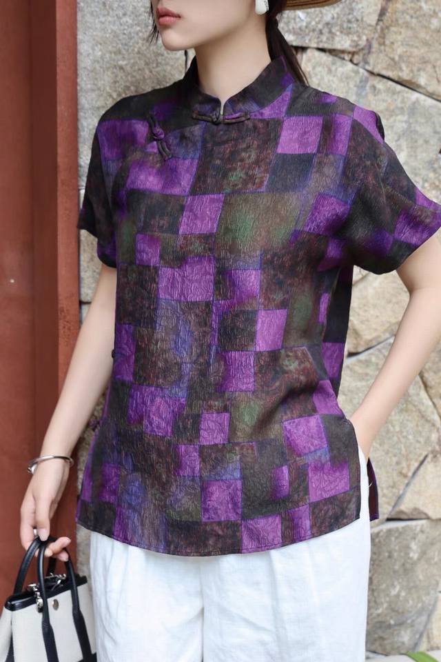 New Buttoned Plaid Plaid Printed Rayon Silk Short-Sleeved Top 2 Colors Orange Pu