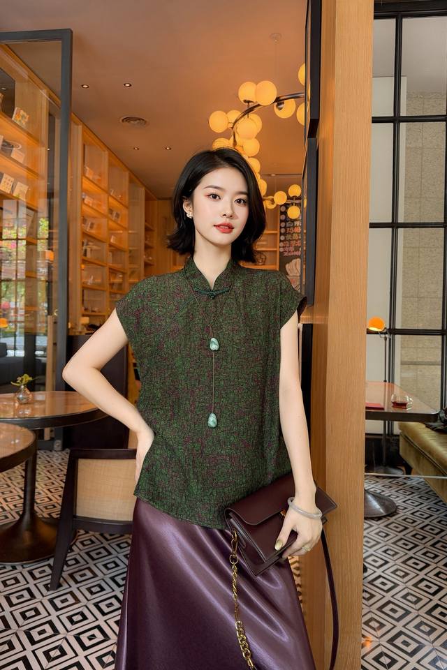 New Tortoise Pattern Silk Shantung Yarn Top Size S-Xxl