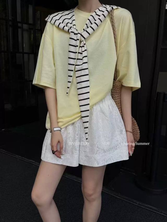 French Water-Soluble Soft Lace Elastic Waist Wide-Leg Casual Versatile Shorts Fr