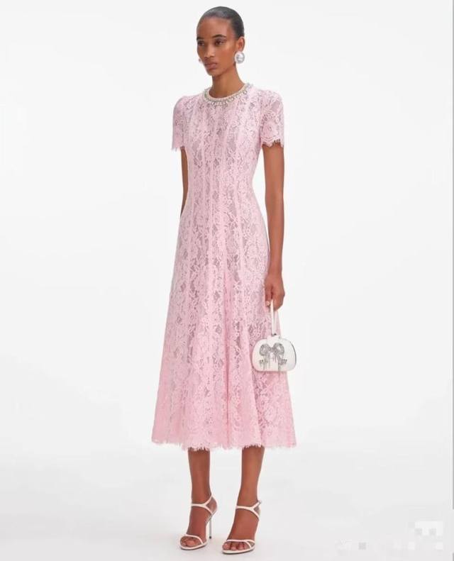 self-P Counter Same Style Lace Beaded Dress Light Pink Banquet Pearl Round Ne