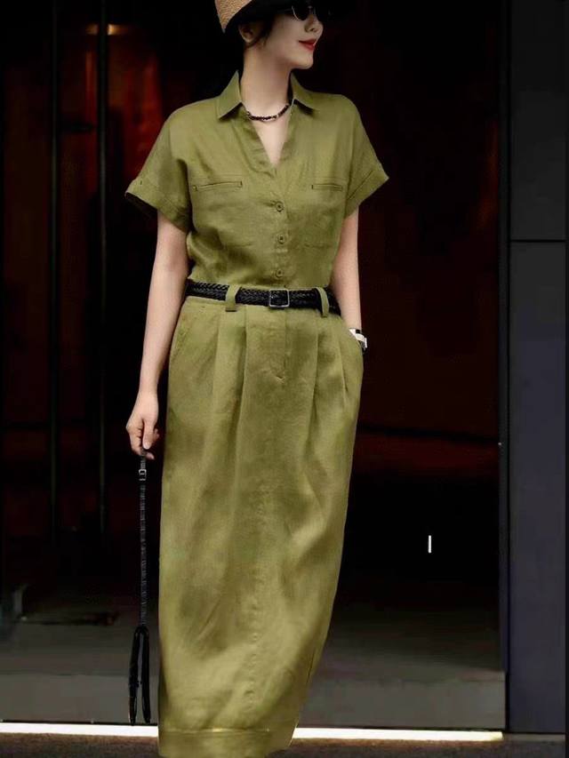 Hot Sale Recommendation Heavy 100% Linen High Quality Short-Sleeved Waist Dress