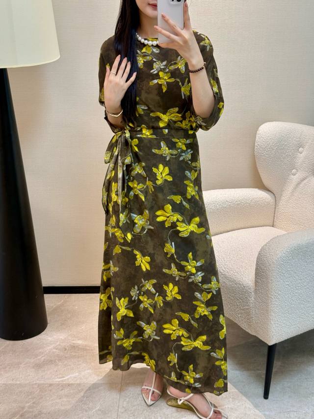 High-Grade Silk Wrap Dress French Temperament Style Printed Wrap Waist Tea Dress