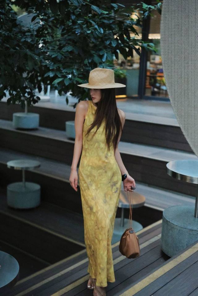 Fortune Yellow Silk Dress Icelandic Poppy Silk Suspender Dress Long Classic Styl