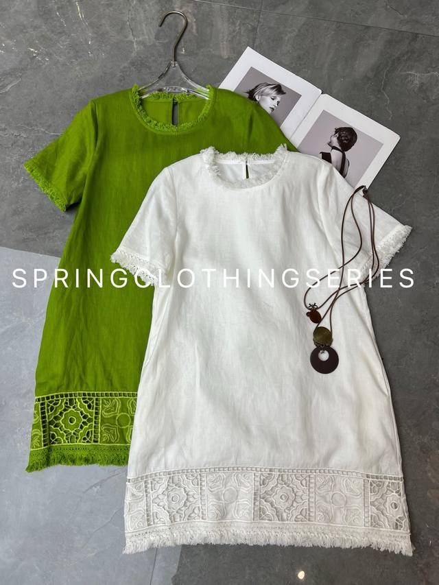 French Linen Tassel Edge Hollow Hook Flower Mid-Length Dress Hollow Design Lace