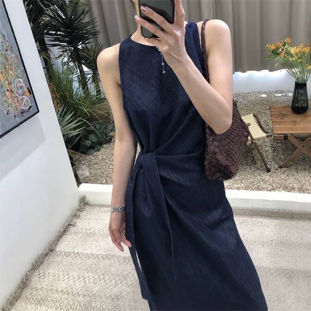 Irregular Sleeveless Off-Shoulder Waist Tie-Up Lyocell Denim Vest Dress Korean S