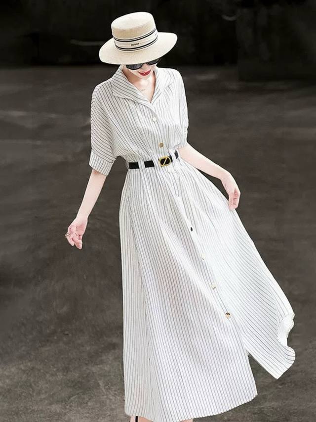 Summer New Style Temperament Commuting High-End Single-Breasted Waist-Tie Stripe