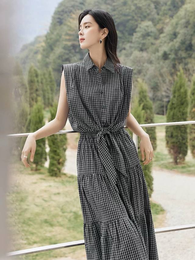 High-End Custom Dialogue Retro Fake Two-Piece Plaid Shirt With High Waist Strap