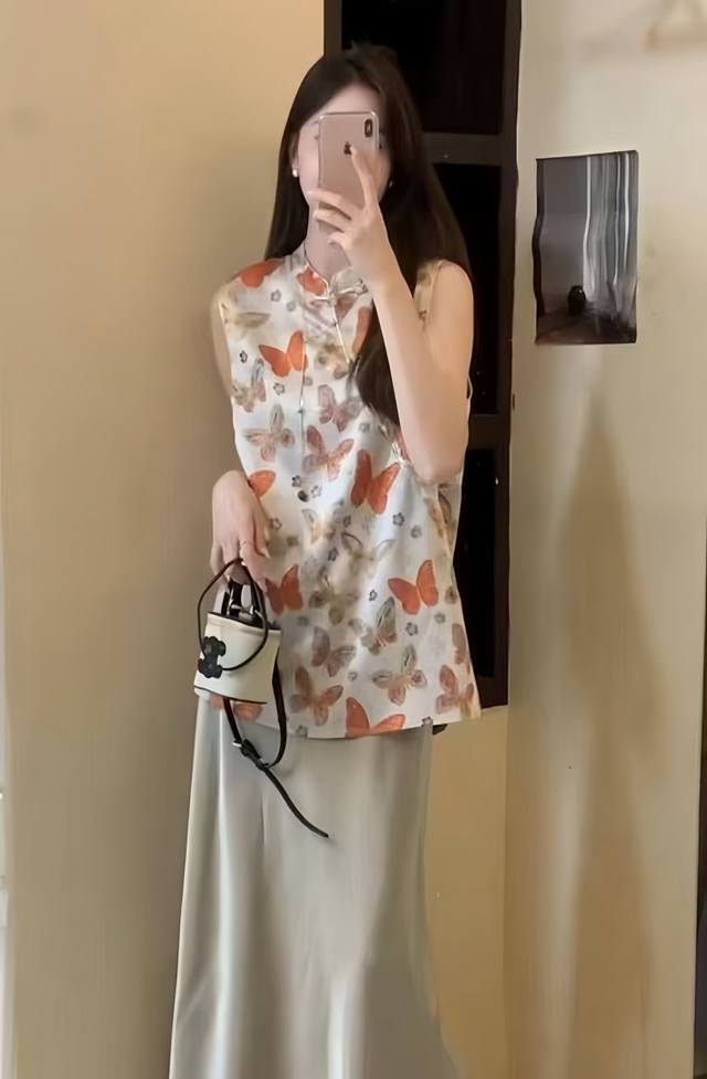 High-End Popular Buttoned Chinese Butterfly Stand-Up Collar Mid-Length Top With