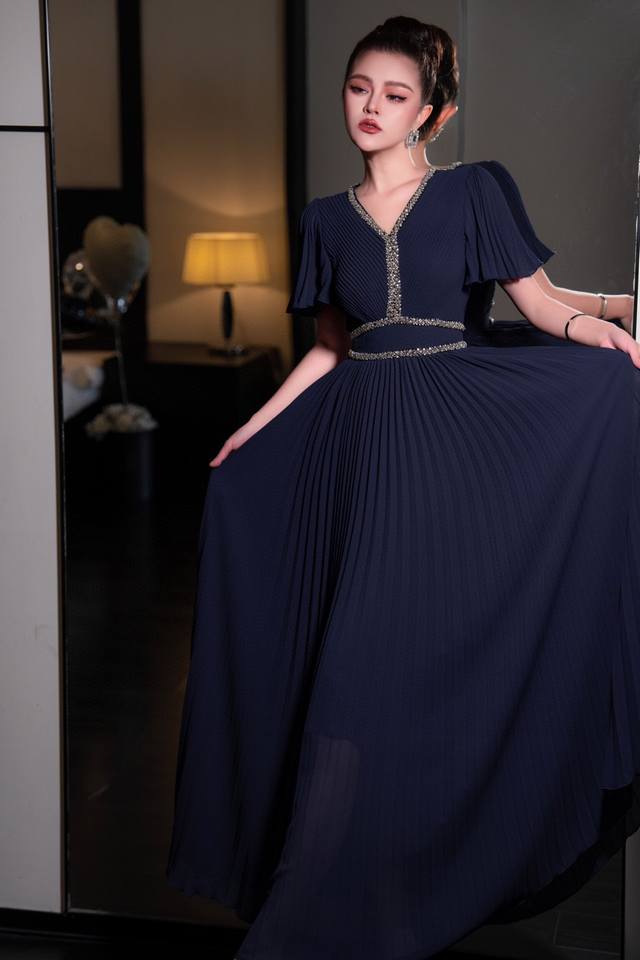 Pleated Beaded Dress Size S, M, L Xl Xxl Color Burgundy Green Blue Size S Bust 8