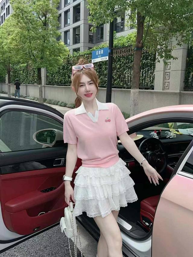 Pink Polo Collar Short-Sleeved Knitted T-Shirt New Style Unique Beautiful Beauti