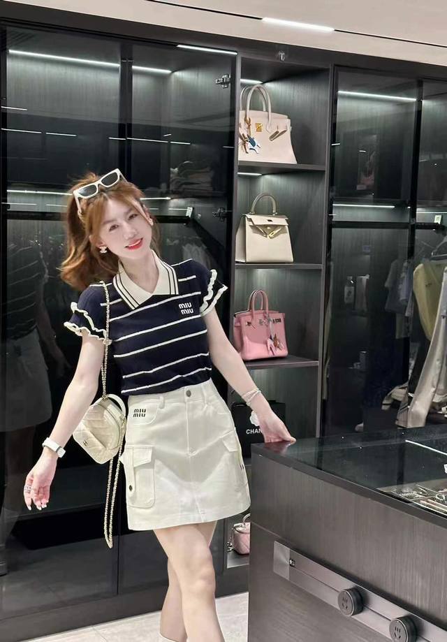 miu High-End Women's New Striped Contrast Polo Collar Knitted T-Shirt Top One